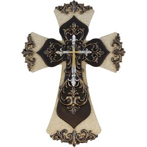 Old River Decorative Layered Tuscan Wall Cross Scrolly Fleur De Lis