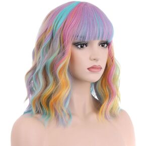 Short Brown Wig for Women Brown Wig with Bangs Short Curly Wavy Wig Black to Brown Wig Short Brown Bob Wig Shoulder Length Bob Wig Heat Resistant Synthetic Wig with Wig Cap
