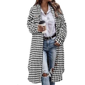CHICZONE Womens Casual Lapel Button Down Long Plaid Shirt Flannel Shacket Jacket Tartan Trench Coat Houndstooth XL