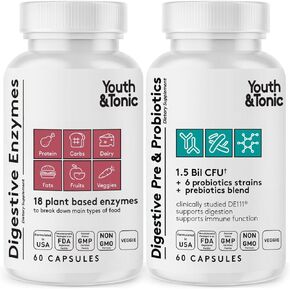 Youth & Tonic Digestive Supplement for Bloating, Regularity & Gut Health. Full Spectrum Enzymes Probiotics & Prebiotics for Digestion to Break Down Food and to Use Daily, for Women & Men – 120 Pills