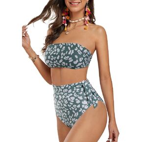 FERBIA Womens High Waisted Bikini Set Bandeau Strapless 2 Piece Bathing Suit Swimsuits Tie Wrap Swimwear