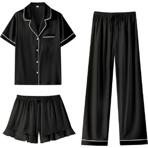 Womens 3pcs Silk Satin Pajamas Set Short Sleeve Sexy Ruffle Sleepwear Button Down Top and Shorts Lounge Set Pjs