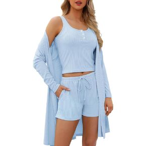 SWOMOG Women's 3 Piece Ribbed Knit Lounge Sets Pajama Sets Cardigan Loungewear Robe Tank Top and Shorts with Pockets
