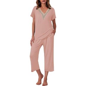 Ekouaer Women's Pajamas Set Short Sleeve Lace V Neck Sleepwear Top Capri Pants Pjs Sets Soft Loungewear