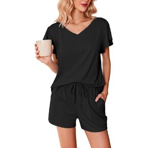 Ekouaer Women's Pajamas Set Ruffle Sleeves Sleepwear V Neck Comfy 2 Piece Pjs Loungewear Set with Pockets S-XXL
