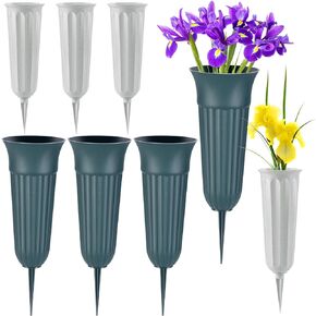 8 PCS Cemetery Grave Cone Vase with Spikes- 4pcs Green Headstone Flower Holder & 4pcs Grey Grave Cone Vase for headstones, Memorial Day Decorations for Cemetery(Two Size)
