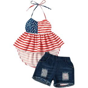 LYQTloml 4th of July Toddler Girl Outfit American Flag Halter Top Girls Ripped Jeans Denim Shorts Baby Girl Summer Clothes