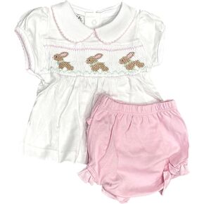 Baby Girl Springtime Bunny Classics Smocked Collared Ruffle Diaper Cover Set Pink