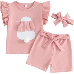 Easter Outfits For Toddler Girls Ruffle Short Sleeve Tshirt Bunny Shorts Set Headband Little Girl Summer Outfits