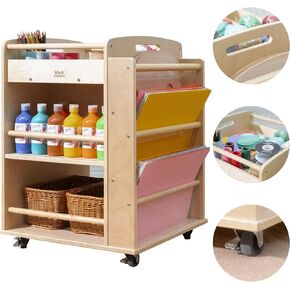Art Activity Rolling Utility Cart Multi-Functional Movable Storage Cabinet Crafts Supply Wooden Storage Organizer Cabinet and Shelves Classroom Furniture for Kids