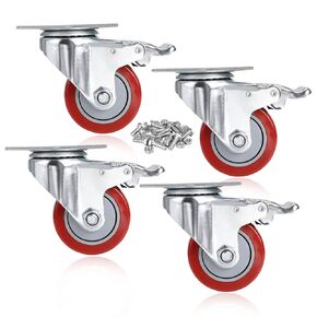 COOCHEER Casters, 3'' Heavy Duty Casters, Load 2000lbs, Lockable Bearing Caster Wheels with Brakes, 360-degree Top Plate Swivel Casters for Furniture and Workbench, Casters Set of 4, Red (Free Screws)