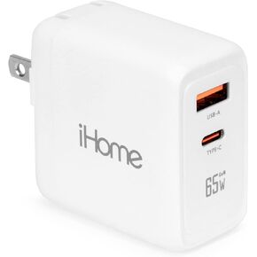 iHome 65W GaN Charger: Dual Port Universal Laptop Charger with USB-C Power Delivery Port and USB-A Port, Compact & Portable Wall Charger