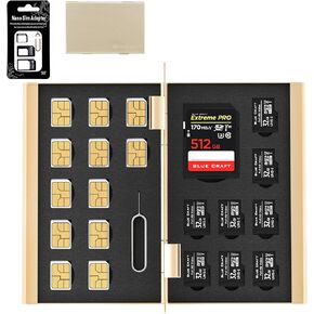 BLUECRAFT SD/SIM Card 2 in 1 Hybrid Case (Max.21 Slots, 1 SD + 8 microSD + 12 Nano SIM) Slim Aluminum Antistatic with SIM Card adapters and Removal Tool (Black)