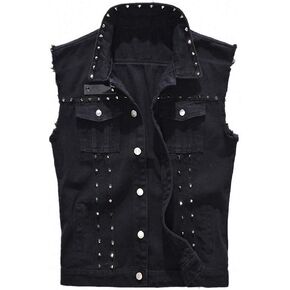 Mens Denim Vest Punk Rock Style Rivet Black Jeans Waistcoat Raw Edge Jacket