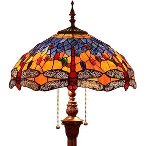 Bieye L10703 Dragonfly Tiffany Style Stained Glass Floor Lamp with 16 Inch Wide Complex Design Lampshade and Metal Base, Orange Blue, 65 Inch Tall