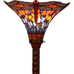 Bieye L10710 Dragonfly Tiffany Style Stained Glass Torchiere Floor Lamp with 13 Inch Wide Handmade Lampshade Metal Base for Dark Corner Living Room Bedroom, Orange Blue, 71 inch Tall