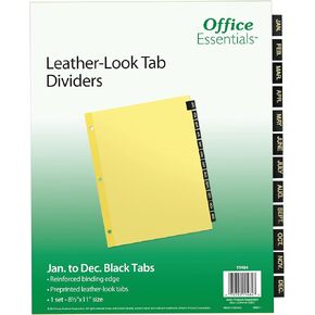 Office Essentials 11484 Preprinted Black Leather Tab Dividers, 12-Tab, Letter