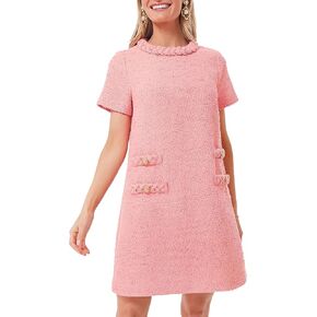 Ladyful Womens Tweed Jackie Dress Short Sleeve Elegant Crew Neck Business Party Vintage Button Bodycon Mini Jackie Dress Pink