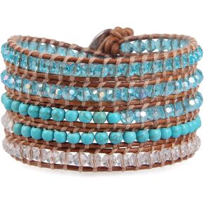 KELITCH Blue Turquoise Crystal Beads Bracelet for Women Handmade 5 Leather Wrap Bracelet for Fashion Cuff Bracelets