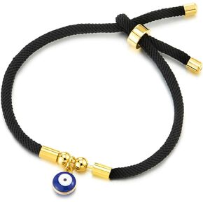 COOLSTEELANDBEYOND Protection Evil Eye Bead Charms, Black Cotton Rope Wrap Bracelet Wristband, for Women