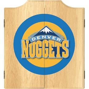 Trademark Global Dart Board Cabinet Set - Denver Nuggets Logo Dart Board with 6 Steel Tip Darts, Scoreboard, Hanging Wood Cupboard