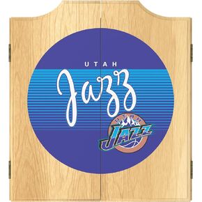 Trademark Global Dart Board Cabinet Set - Utah Jazz Hardwood Classics Dart Board with 6 Steel Tip Darts, Scoreboard, Hanging Wood Cupboard