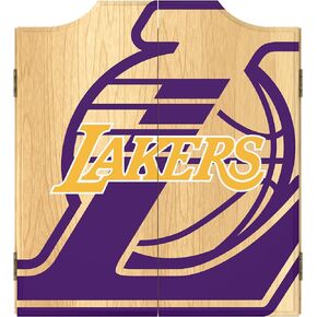 Trademark Global Dart Board Cabinet Set - Los Angeles Lakers Fade Dart Board with 6 Steel Tip Darts, Scoreboard, Hanging Wood Cupboard