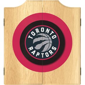 Trademark Global Dart Board Cabinet Set - Toronto Raptors Logo Dart Board with 6 Steel Tip Darts, Scoreboard, Hanging Wood Cupboard