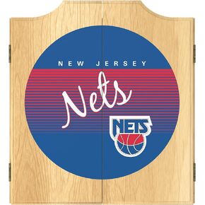 Trademark Global Dart Board Cabinet Set - New Jersey Nets Hardwood Classics Dart Board with 6 Steel Tip Darts, Scoreboard, Hanging Wood Cupboard