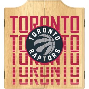 Trademark Global Dart Board Cabinet Set - Toronto Raptors City Dart Board with 6 Steel Tip Darts, Scoreboard, Hanging Wood Cupboard