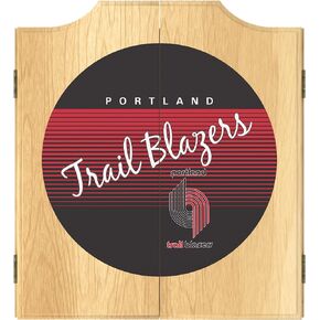 Trademark Global Dart Board Cabinet Set - Portland Trail Blazers Hardwood Classics Dart Board with 6 Steel Tip Darts, Scoreboard, Hanging Wood Cupboard