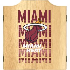 Trademark Global Dart Board Cabinet Set - Miami Heat City Dart Board with 6 Steel Tip Darts, Scoreboard, Hanging Wood Cupboard