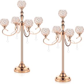 Hsei 2 Pack 5 Arms Gold Candelabra Centerpiece with Crystal Pendant 33 Inch Tall Floor Candle Holder Table Candelabra Stand Crystal Chandelier Candle Holder for Home Wedding Party Events Decoration