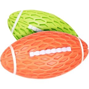 AUSCAT 2PCS Squeaky Rubber Dog Toy Balls, Indestructible Dog Ball for Aggressive Chewers, 5.5" Football Rugby Fetch Interactive Dog Toy for Medium Large Dogs, Green and Orange