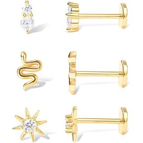 مجموعة من 3 أزواج من الأقراط المسطحة للنساء من COARVXA | أقراط ذهبية أنيقة بظهر مسطح | مجموعة حلق غضروف من الذهب عيار 14 قيراط | أقراط زيركون متعددة الثقب على شكل نجمة صغيرة على شكل ثعبان من الزركون هدايا لها in Kuwait