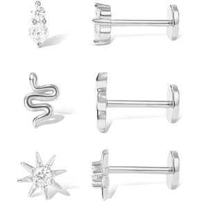 COARVXA 3 Pairs Flat Back Earrings Set for Women | Dainty Gold Flat Back Earrings | 14k Gold Cartilage Earring Set | Multiple Piercing Small Star Snake Deux Zircon Earrings Gifts for Her