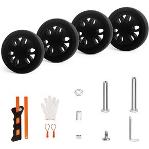 Luggage Wheels Replacement Set 8PCS Dia 2in/50mm Thick 0.59in/15mm Suitcase Rubber Inline Wheels with 2 Size Axles Full Set Repair Tool for Spinner Suitcase Trolley Bag Drawbar Travel Box