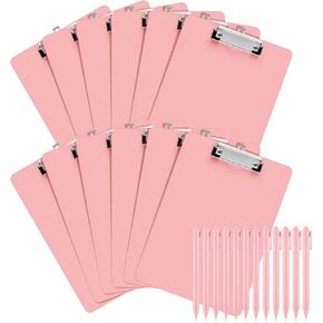 Fulmoon 12 Sets Pink Plastic Clipboards Include 12 Pcs Black Ink Pink Pens Lightweight Standard A4 Letter Size Clip Board with Pen Holder Low Profile Clip for Nurses Teacher Doctor Office 12 x 8.58
