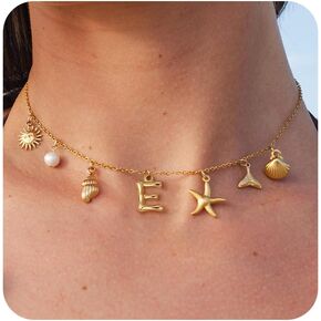 Gold Initial Charm Necklaces for Women Girls, Boho Surfer Beach Letter Necklace 14K Gold Plated A-Z Pendant Alphabet Choker Necklace Personalized Monogram Name Necklace Beach Jewelry for Women Gift