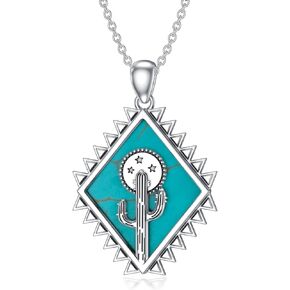 Turquoise Cactus Necklace for Women 925 Sterling Silver Genuine Turquoise Cowgirl Country Pendant Western Jewelry Gift for Her Mom Wife