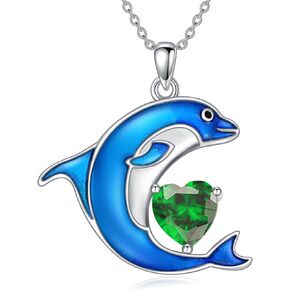 LONAGO Dolphin Necklace 925 Sterling Silver Blue Dolphin with Birthstone Pendant Necklace for Women