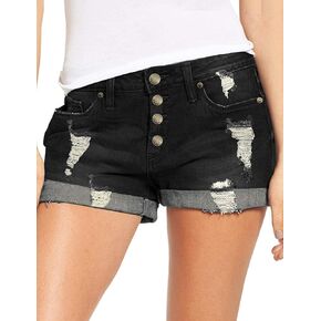 Women's Casual Denim Shorts Summer Mid Waist Stretchy Raw Frayed Folded Hem Jeans