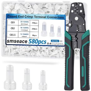 smseace 580 قطعة 3-قيم نهاية مغلقة تجعيد الطرف مع أداة تجعيد الأسلاك المتعرية 22-16/16-14/12-10AWG أغطية نهاية الأسلاك موصلات الأسلاك نهاية مغلقة