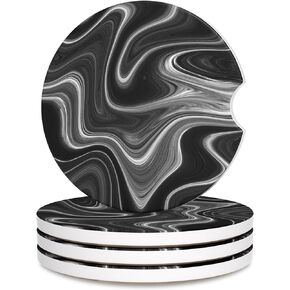 Car Cup Holder Coaster, Car Coasters for Cup Holders, 4 Pack Anti Slip Insert Absorbent Ceramic Car Coaster with A Finger Notch & Cork Base, Car Interior Accessories for Women, Black Grey Gold Marble