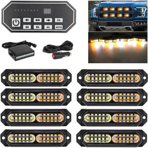 OPP ULITE White Amber Led Grille Strobe Lights with 9 Key Switch, 20-Flashing Mode Surface Mount 12-LED Mini Warning Grill Light Bar for Construction Tow Trucks Van Utility Vehicle, 8pcs Pack