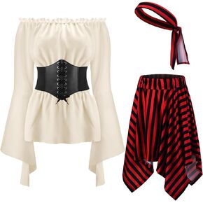 Shihanee 4 Pcs Womens Pirate Costume Cosplay Renaissance Blouse Tops Corset Waist Belt Pirate Skirt Stripes Headscarf