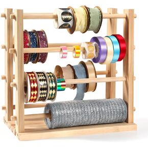 NewEle Two-row Ribbon Holder Organizer Rack - Wooden Ribbon Spool Holder for Mesh Ribbon Wreath Thread Tulle Roll Washi Tape, Ribbon Organizer for Craft Room, Florist Supplies, Wrapping Craft Gift