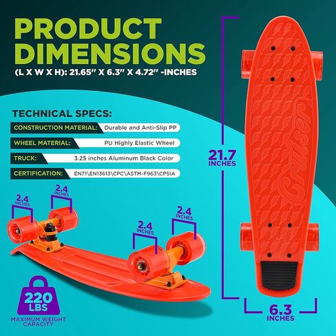 لوح تزلج صغير قياسي - لوح تزلج مزدوج كامل بطول 6 بوصات من البولي بروبيلين مع شاحنة من سبائك الألومنيوم مقاس 3.25 بوصة، وعجلات من البولي يوريثان مع إضاءة LED - للأطفال والمراهقين والبالغين (أحمر) in Kuwait