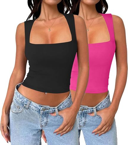 MISSJOY المرأة 2 حزمة تانك الأعلى الرقبة مربعة بلا أكمام مزدوجة اصطف سلس بسط سليم صالح المحاصيل القمم in Kuwait