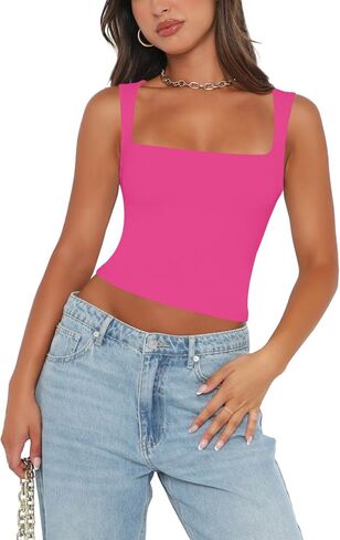 MISSJOY المرأة 2 حزمة تانك الأعلى الرقبة مربعة بلا أكمام مزدوجة اصطف سلس بسط سليم صالح المحاصيل القمم in Kuwait